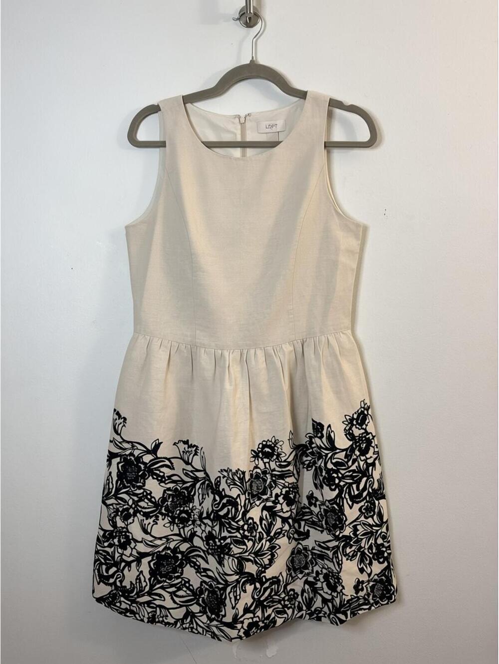 LOFT Dress Womens Size 8 Ivory Black Floral Fit Flare Sleeveless NWOT